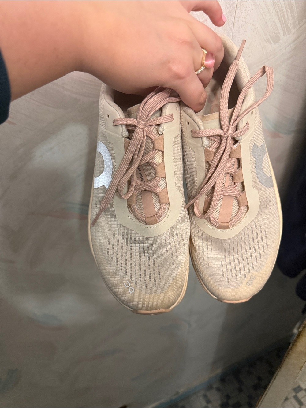 On Women's Cloudmonster Road Running Sneakers - Moon/Fawn or Pink/Beige - Picture 9 of 9